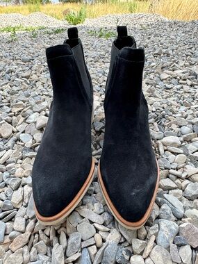 NEW Crevo Maeva Black Suede Chelsea Booties with Brown Trim
